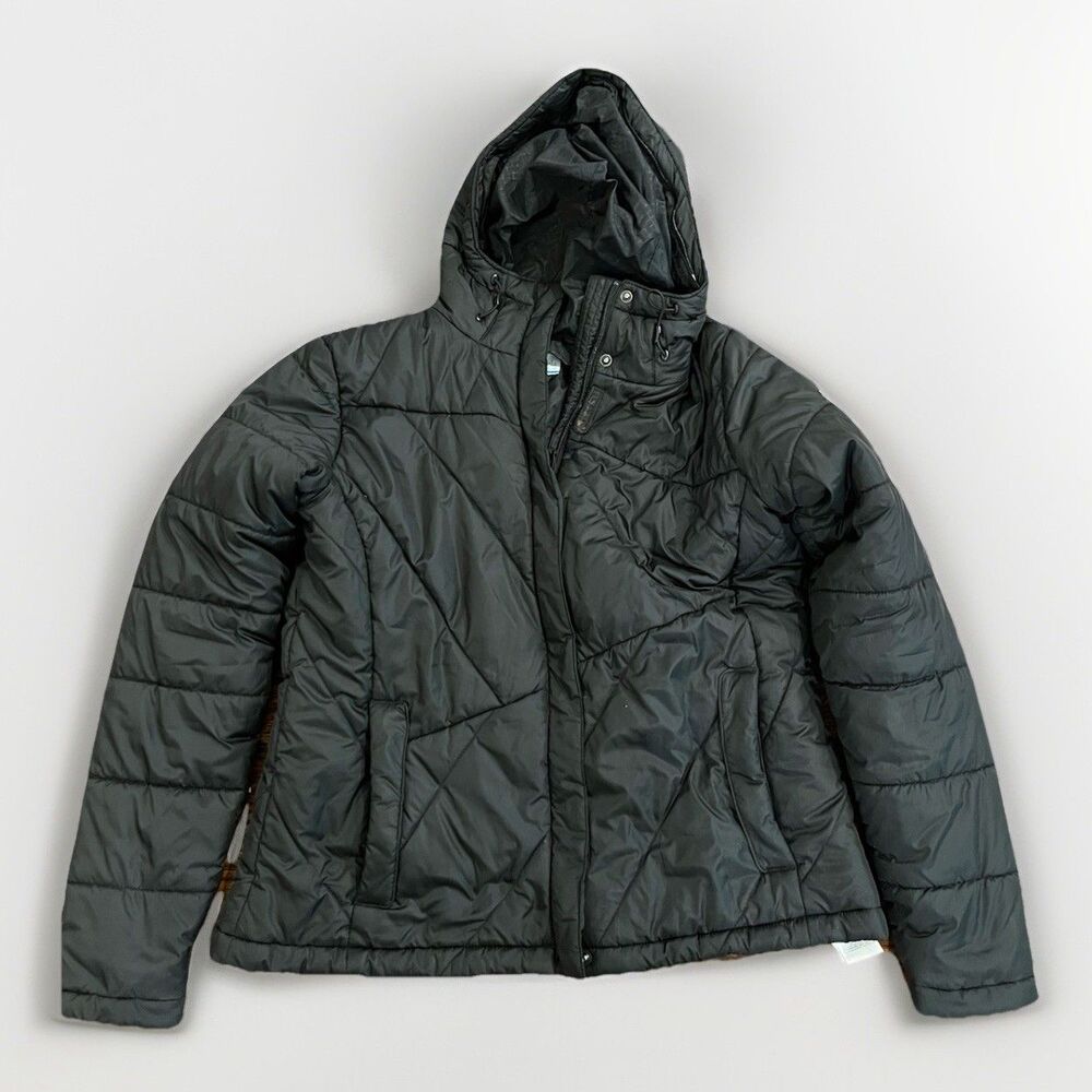Columbia Black Hooded Puffer Jacket Women’s Size L Quilted Insulated